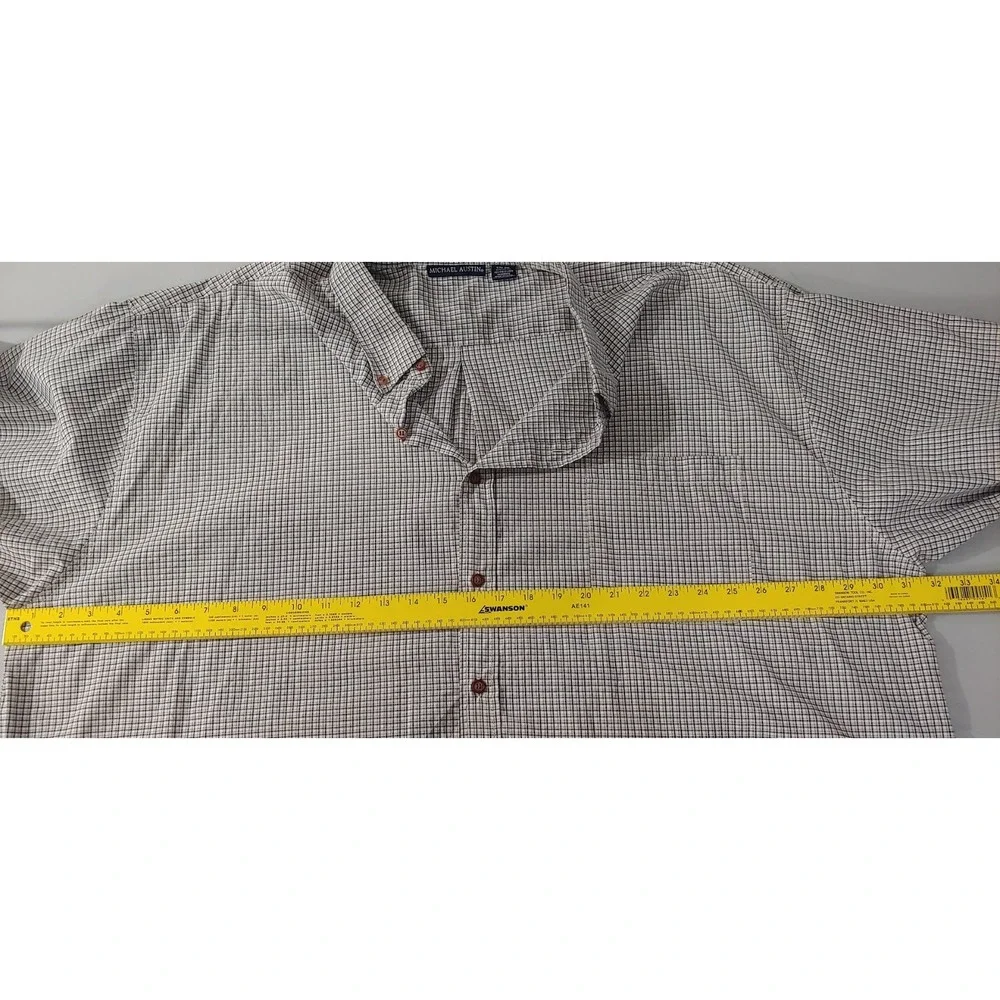 Mens Button Up Shirt 4XL Michael Austin Beige Blue‎ Plaid Long Sleeve Casual